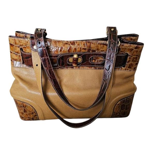 Brahmin 25th Anniversary Croc Embossed Satchel Shoulder Handbag Purse Brown Bag - Picture 1 of 10